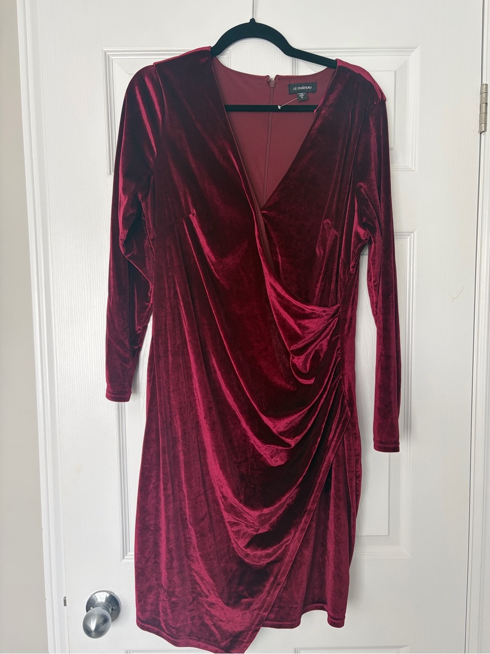 le chateau Velvet Burgundy Draped Long-Sleeve Dress